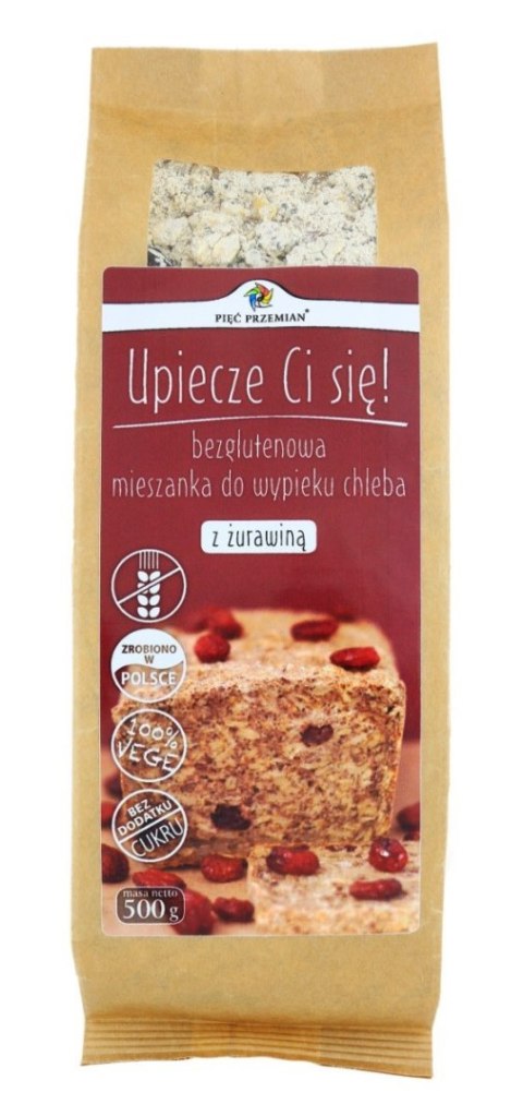 MIESZANKA DO WYPIEKU CHLEBA Z ŻURAWINĄ BEZ DODATKU CUKRÓW BEZGLUTENOWA 500 g - PIĘĆ PRZEMIAN