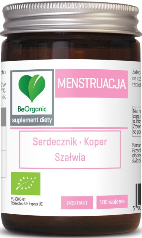 TABLETKI POLECANE PRZY MENSTRUACJI (SERDECZNIK, KOPER, SZAŁWIA) BIO 100 szt. - BE ORGANIC