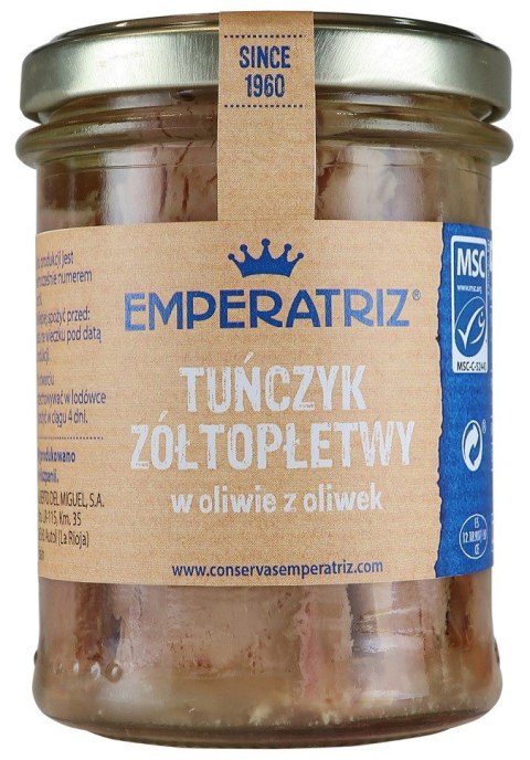 TUŃCZYK ŻÓŁTOPŁETWY FILETY MSC W OLIWIE Z OLIWEK 200 g (130 g) (SŁOIK) - EMPERATRIZ