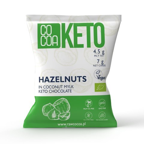 ORZECHY LASKOWE W CZEKOLADZIE KETO Z OLEJEM MCT BEZ DODATKU CUKRU BEZGLUTENOWE BIO 70 g - COCOA