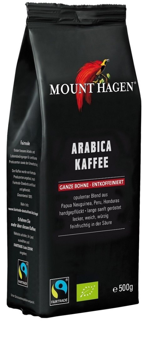 KAWA ZIARNISTA BEZKOFEINOWA ARABICA 100 % FAIR TRADE BIO 500 g - MOUNT HAGEN